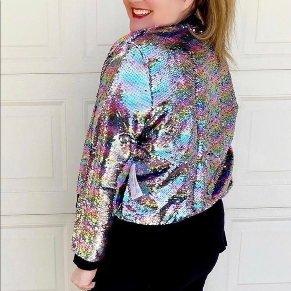 Pastel Rainbow Flip Sequin Bomber Jacket Coat - Picture 9 of 12
